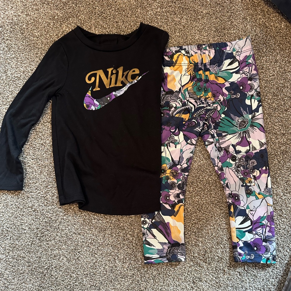 Nike Black Shirt with Gold Logo and Floral Leggings